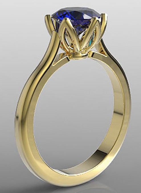 2 CT Round Cut Blue Sapphire Yellow Gold Over 925 Sterling Sliver Women Wedding Solitaire Promise Ring