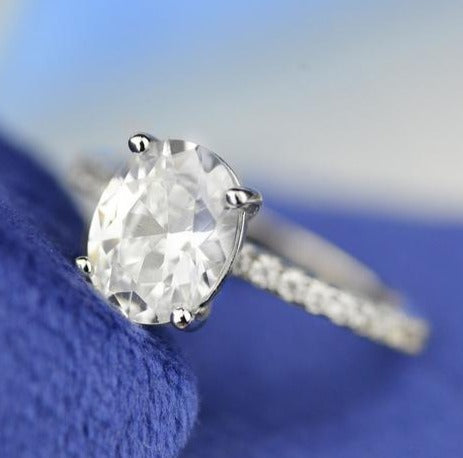 2 CT 925 Sterling Silver Oval Cut Diamond Engagement Solitaire Ring