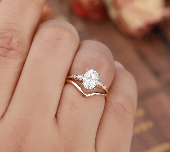 1 CT Oval Cut Rose Gold Over On 925 Sterling Silver Curved Wedding Ring Set