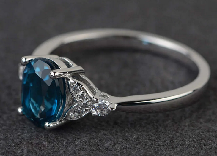 1 CT Oval Cut London Blue Topaz White Gold Over On 925 Sterling Silver Solitaire W/Accents Anniversary Ring