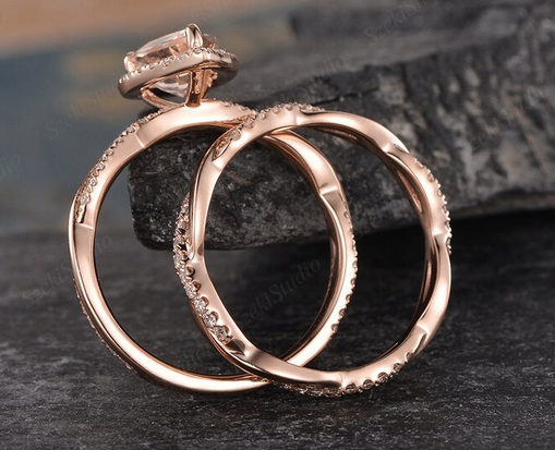 1 CT Pear Cut Peach Morganite Rose Gold Over On 925 Sterling Silver Women Halo Infinity Wedding Bridal Ring Set