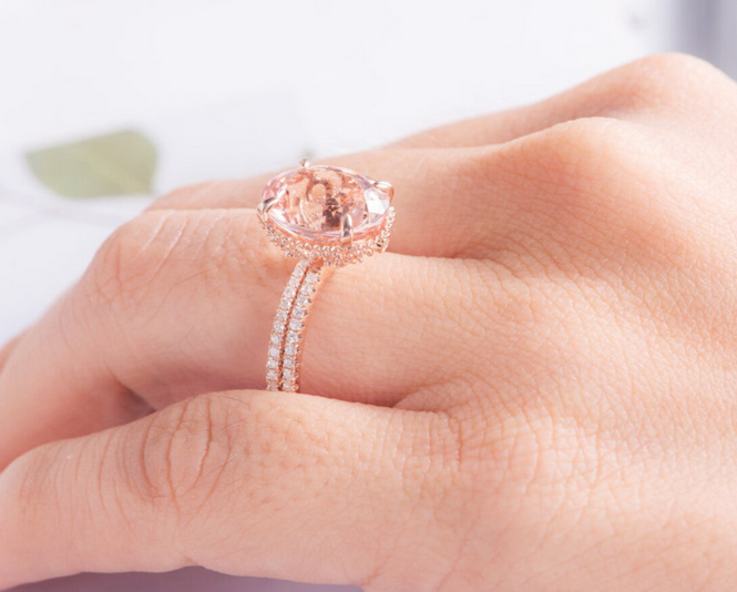 1 CT Oval Cut Morganite Rose Gold Over On 925 Sterling Silver Wedding Bridal Ring Set