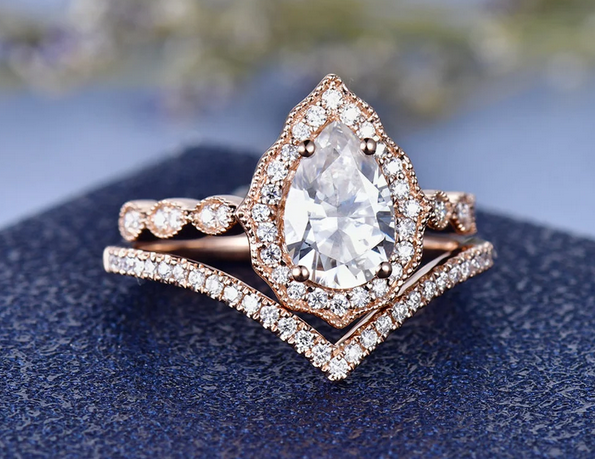 1 CT Pear Cut Rose Gold Over On 925 Sterling Silver Engagement Ring Set