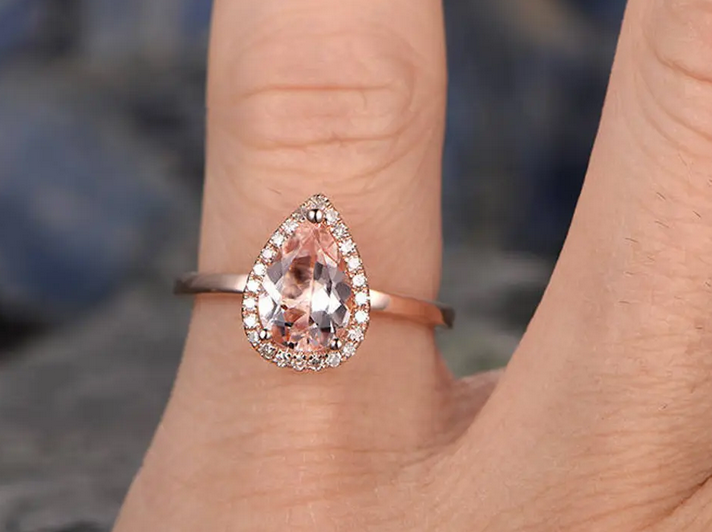 2 CT Pear Cut Pink Morganite Rose Gold Over On 925 Sterling Silver Halo Wedding Promise Ring