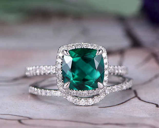 1 CT Cushion Cut Emerald White Gold Over On 925 Sterling Silver Stacking Bridal Ring Set