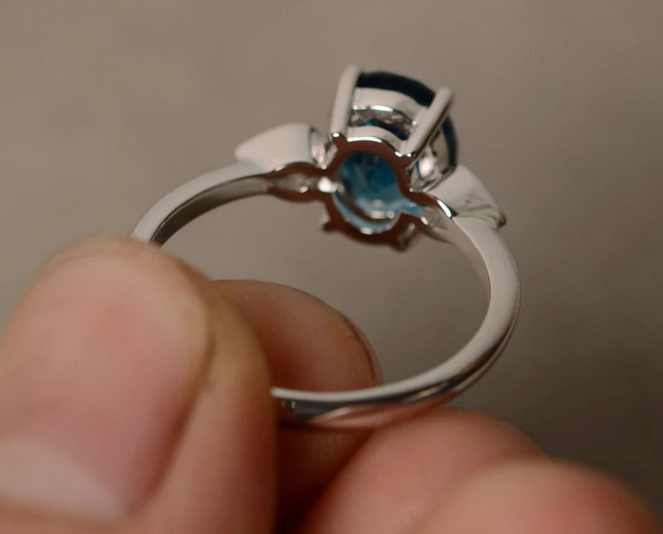 1 CT Oval Cut London Blue Topaz White Gold Over On 925 Sterling Silver Three Stone Anniversary Ring