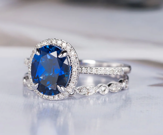 1 CT Oval Cut Blue Sapphire White Gold Over On 925 Sterling Silver Engagement Halo Ring Set