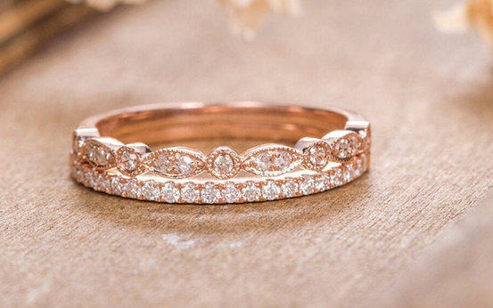 1 CT Round Cut White Diamond Rose Gold Over On 925 Sterling Silver Half Eternity Ring  Ring Set