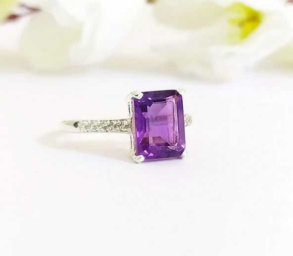 1 CT Emerald Cut Amethyst White Gold Over On 925 Sterling Silver Solitaire Engagement Ring