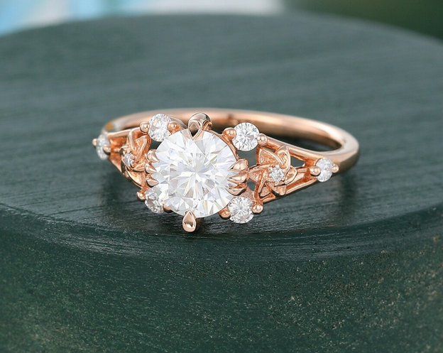 1 CT Round Cut Rose Gold Over On 925 Sterling Silver Vintage Floral Leaf Anniversary Ring For Women