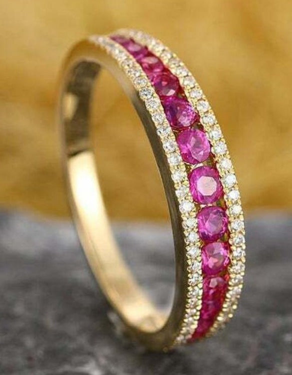 0.75 CT Round Cut Pink Sapphire Diamond 925 Sterling Silver Women Wedding Band Ring