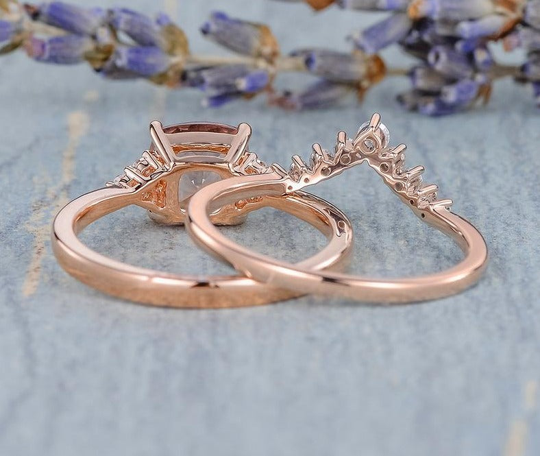 2.20 Ct Cushion Cut Morganite Rose Gold Over On 925 Sterling Silver Bridal Engagement Ring Set