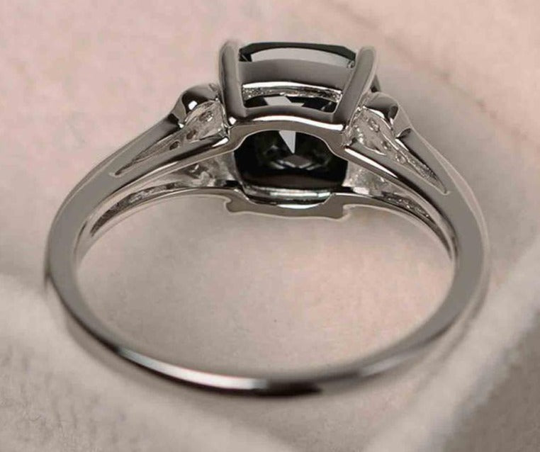 2 CT Cushion Cut Black & White Black Cubic Zirconia Diamond 925 Sterling Silver Unisex Engagement Solitaire Ring