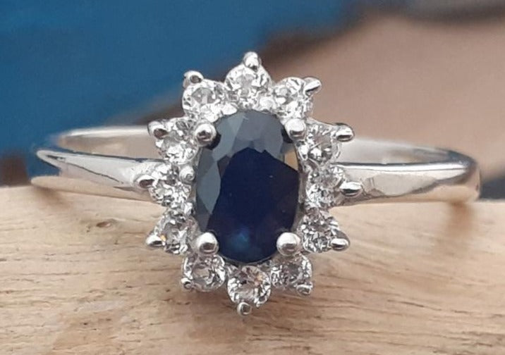 1 CT Oval Cut Blue Sapphire Diamond 925 Sterling Sliver Women Engagement Cluster Halo Ring