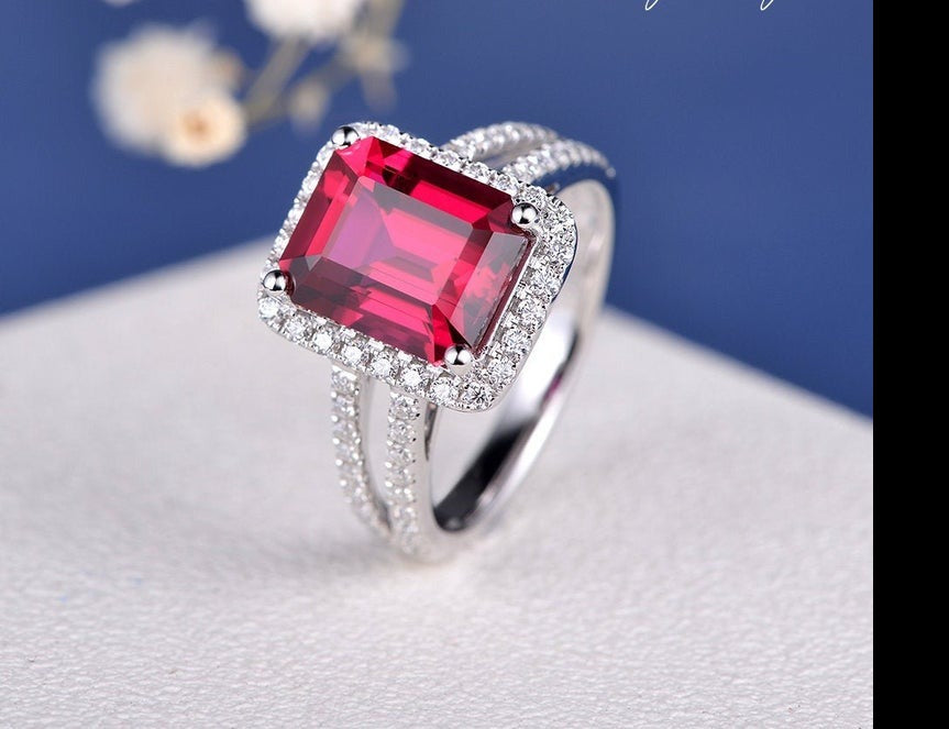 2.50 Ct Emerald Cut Red Ruby Split Shank Halo Engagement Ring In 925 Sterling Silver