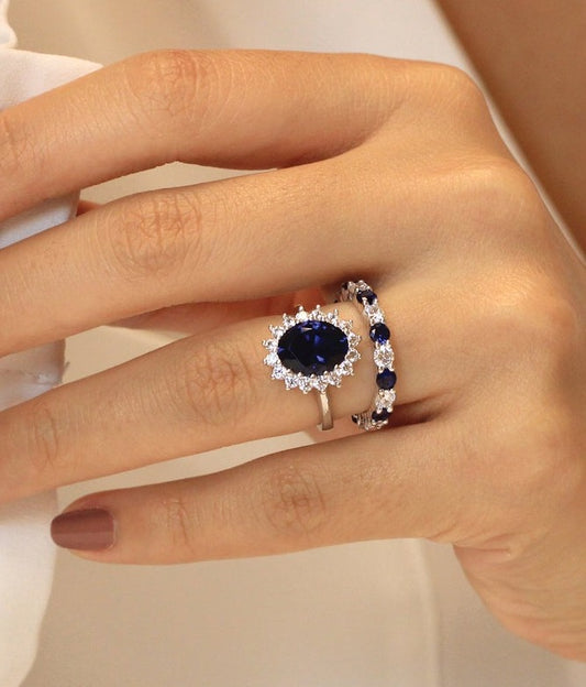 4 CT Oval Cut Blue Sapphire Diamond 925 Sterling Silver Halo Anniversary Bridal Ring Set