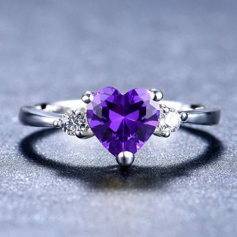 1 CT  Heart Cut Amethyst Diamond 925 Sterling Silver Solitaire With Accents Ring