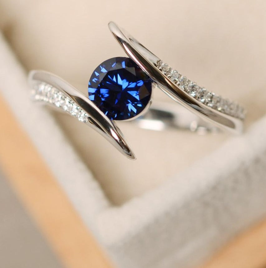 1 CT 925 Sterling Sliver Sapphire Round Cut Diamond Wedding Engagement Ring