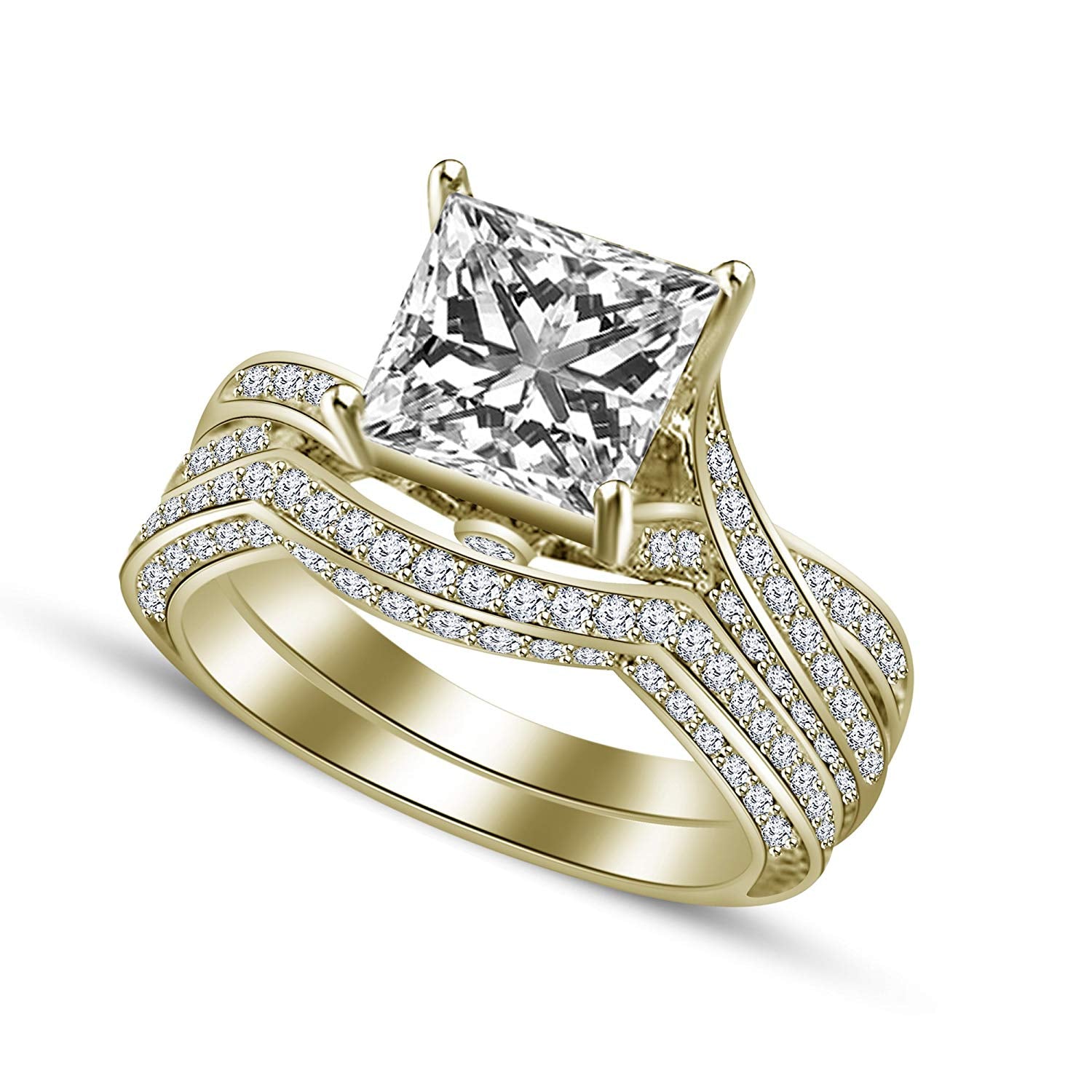 atjewels 14K Yellow Gold Plated on 925 Sterling Silver White Zirconia Bridal Ring Set for Women's MOTHER'S DAY SPECIAL OFFER - atjewels.in