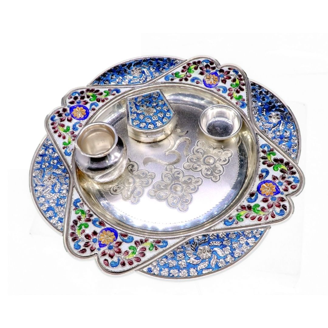 Exclusive Silver Oval Square Blue Color Silver Arati Thali - atjewels.in