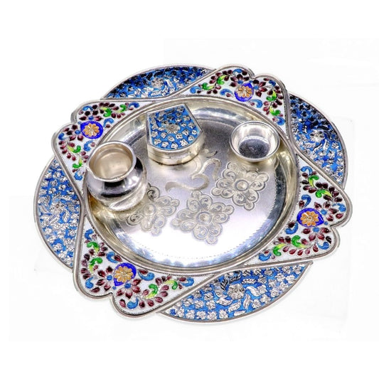 Exclusive Silver Oval Square Blue Color Silver Arati Thali - atjewels.in