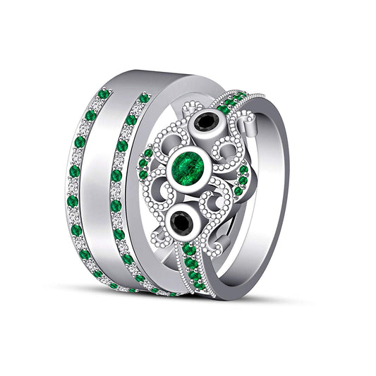 14k White Gold Over 925 Sterling Silver Round Cut Green Emerald & Black Cubic Zirconia Diamond Princess Engagement Wedding With Band Ring Set - atjewels.in