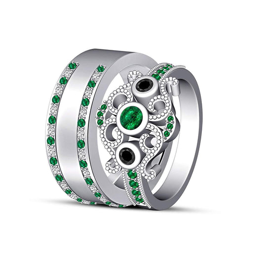 14k White Gold Over 925 Sterling Silver Round Cut Green Emerald & Black Cubic Zirconia Diamond Princess Engagement Wedding With Band Ring Set - atjewels.in