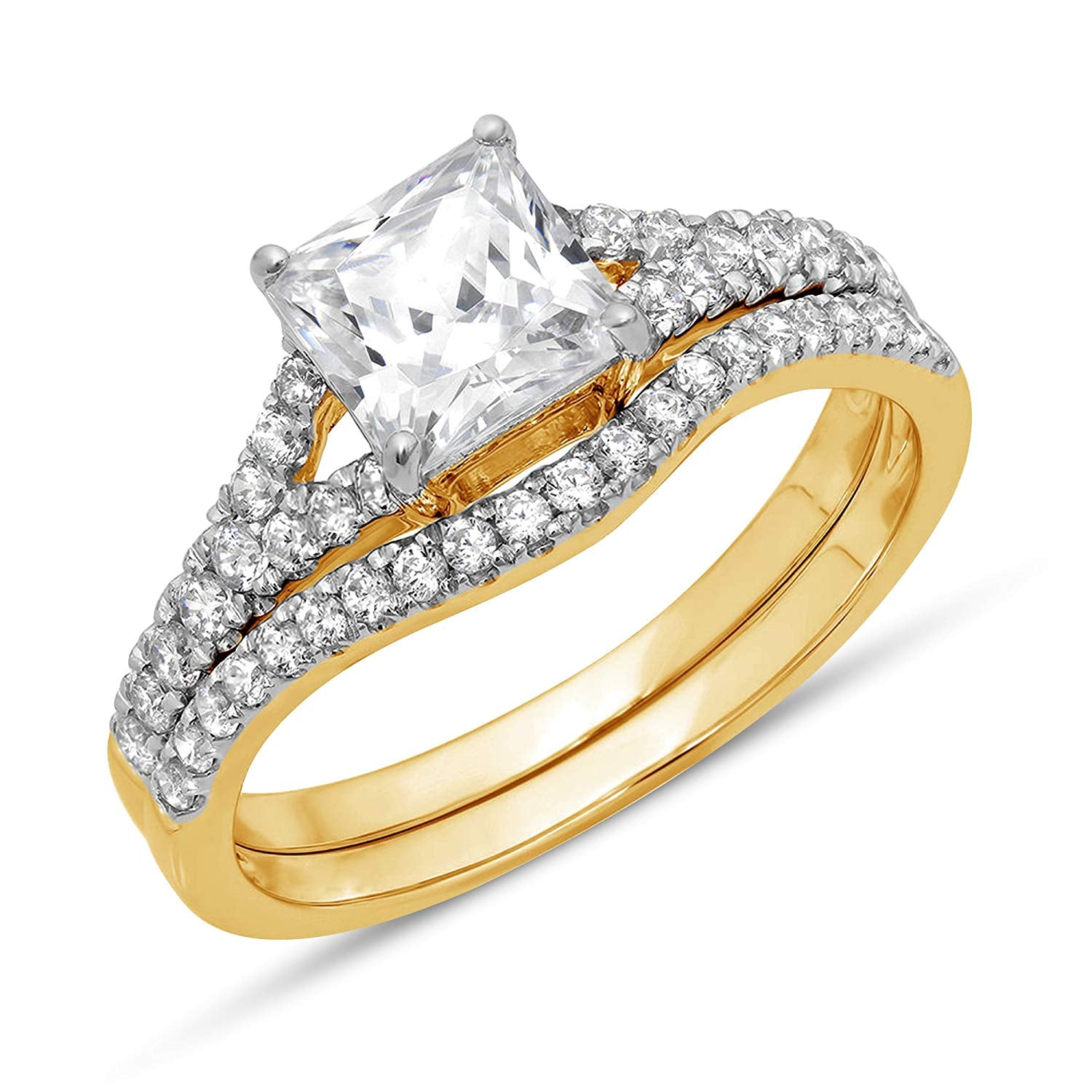 atjewels Two Tone Gold Over 925 Sterling Silver Princess & Round Cut White CZ Women's Bridal Ring Set MOTHER'S DAY SPECIAL OFFER - atjewels.in