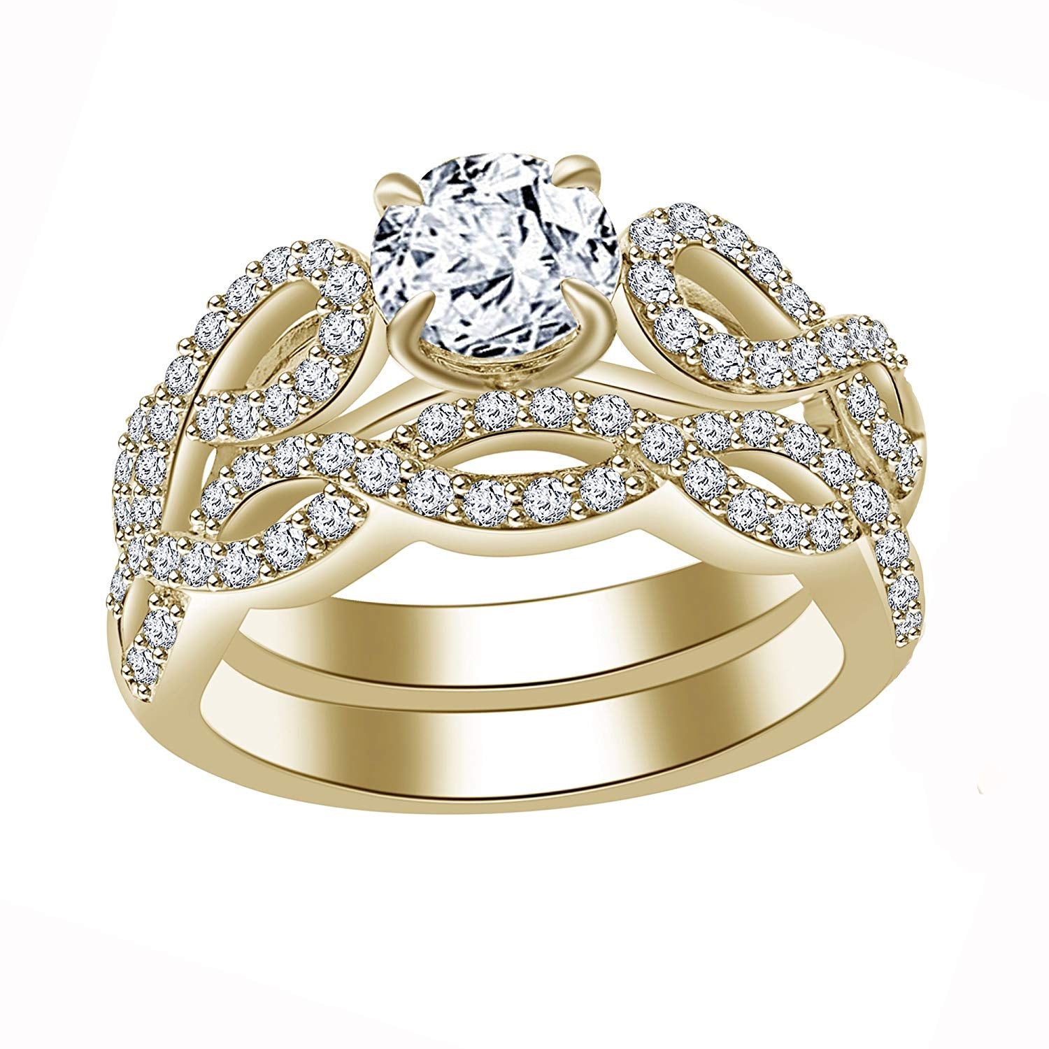 atjewels 14K Yellow Gold Over 925 Sterling White CZ Bridal Ring Set For Free Sizing MOTHER'S DAY SPECIAL OFFER - atjewels.in