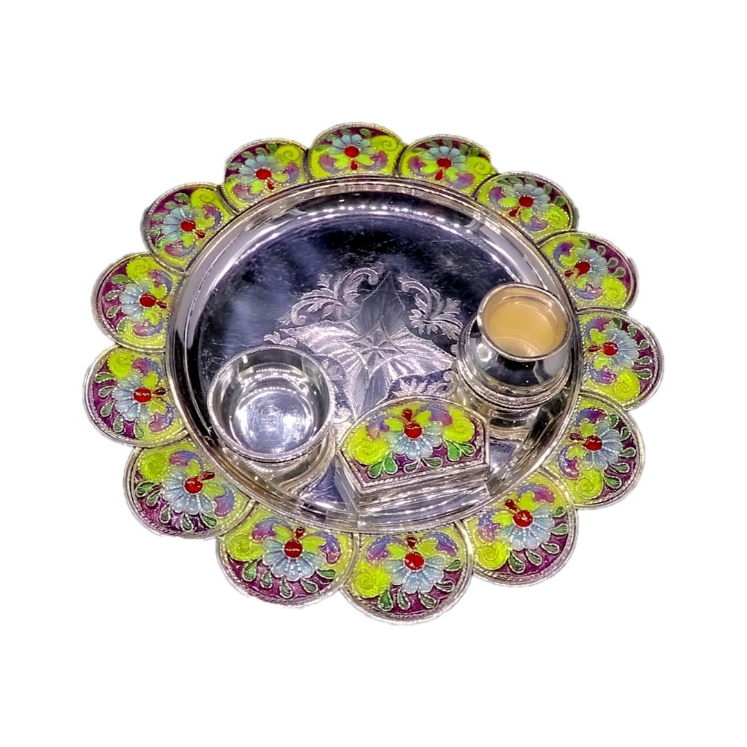 Festive Special Colorful Floral Silver Arati Thali