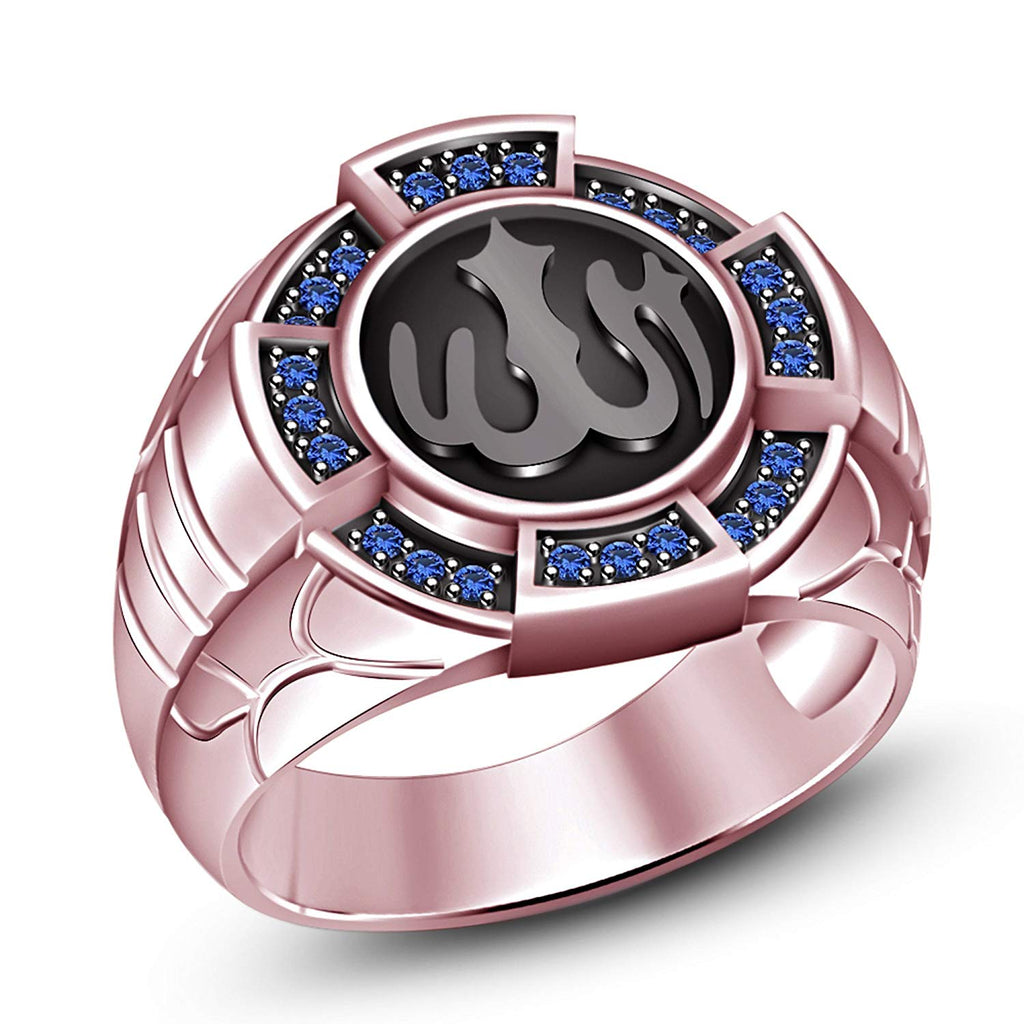 Black Enamel With 14K Gold Plated on 925 Sterling Round Blue Sapphire Allah Ring (Rose Gold Plated, 10) MOTHER'S DAY SPECIAL OFFER - atjewels.in