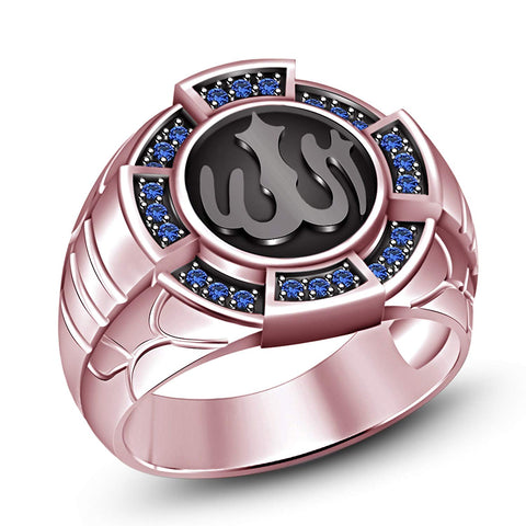 Black Enamel With 14K Gold Plated on 925 Sterling Round Blue Sapphire Allah Ring (Rose Gold Plated, 11) MOTHER'S DAY SPECIAL OFFER - atjewels.in