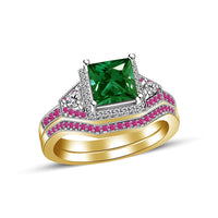 3.07CT Green Emerald Princess Cut .925 Sterling Silver Multi Stone Engagement & Wedding Band Ring Set For Women's - atjewels.in