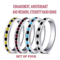 18K White Gold on .925 Sterling Silver Round Multicolor Stone Anniversary Band Ring Set For Women's - atjewels.in