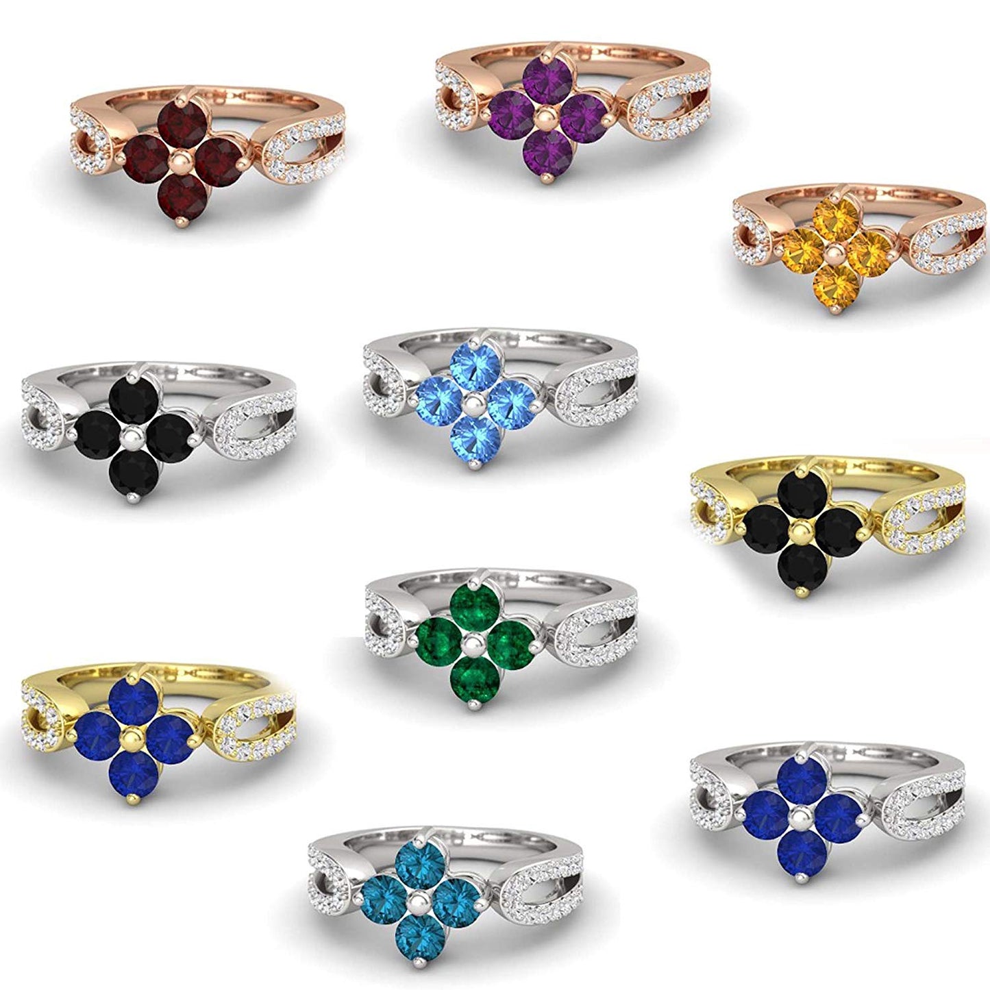 atjewels 14K Gold Plated .925 Sterling Silver Round Cut Gemstone W/ White Cubic Zirconia Flower Ring Variation For Women's MOTHER'S DAY SPECIAL OFFER - atjewels.in