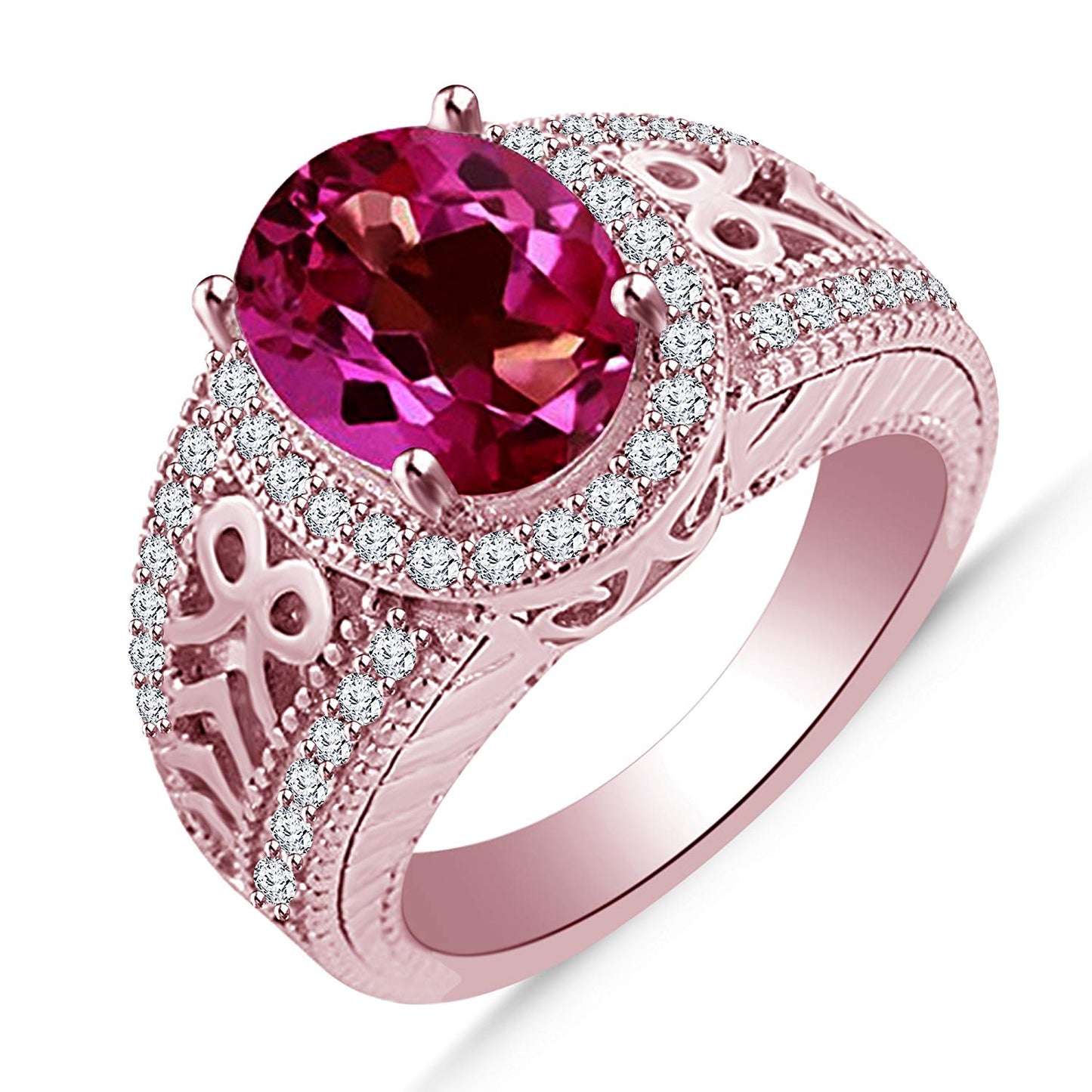 atjewels Women's 14k Rose Gold Over 925 Silver Oval Cut Pink Sapphire and White CZ Engagement Ring MOTHER'S DAY SPECIAL OFFER - atjewels.in