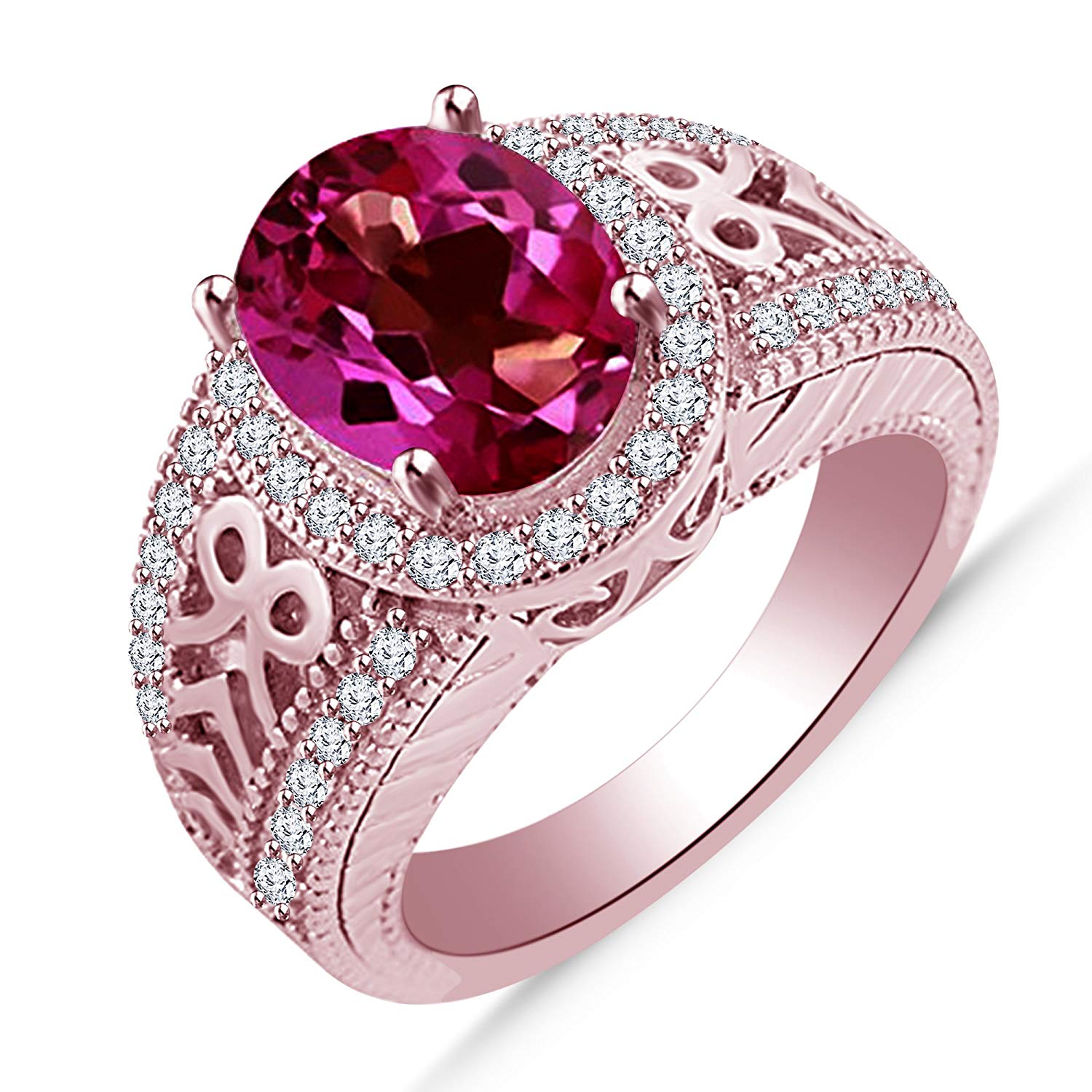 atjewels Women's 14k Rose Gold Over 925 Silver Oval Cut Pink Sapphire and White CZ Engagement Ring MOTHER'S DAY SPECIAL OFFER - atjewels.in