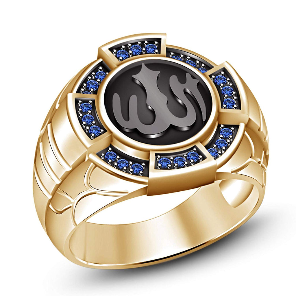 Black Enamel With 14K Gold Plated on 925 Sterling Round Blue Sapphire Allah Ring (Yellow Gold Plated, 10) MOTHER'S DAY SPECIAL OFFER - atjewels.in