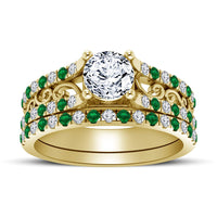 atjewels 14K Yellow Gold Over 925 Sterling Silver Round Cut White CZ & Emerald Bridal Set Ring for Women's MOTHER'S DAY SPECIAL OFFER - atjewels.in