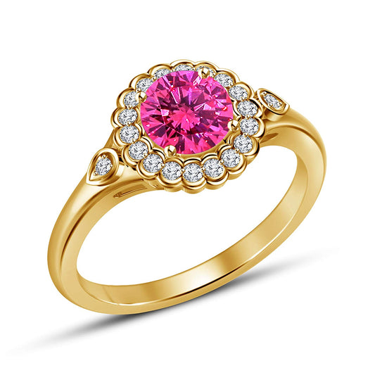 atjewels Pink Sapphire and Round White CZ in 14K Yellow Gold Over 925 Silver Sterling Engagement Ring MOTHER'S DAY SPECIAL OFFER - atjewels.in