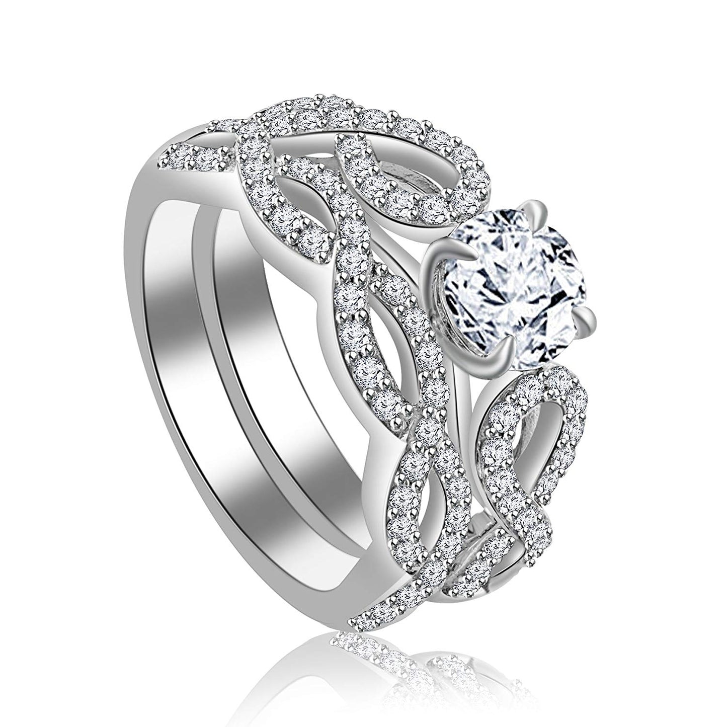 atjewels 14K White Gold Over 925 Sterling Round White CZ in Prong Bridal Ring Set For Free Sizing MOTHER'S DAY SPECIAL OFFER - atjewels.in