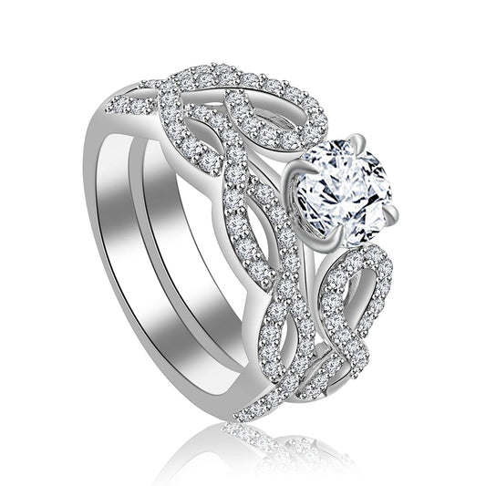 atjewels 14K White Gold Over 925 Sterling Round White CZ in Prong Bridal Ring Set For Free Sizing MOTHER'S DAY SPECIAL OFFER - atjewels.in