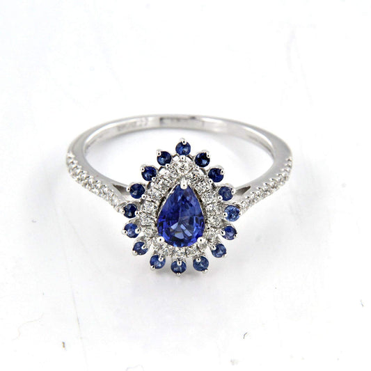 atjewels 18K White Gold Over .925 Sterling Silver Pear Cut Blue Sapphire and Cubic Zirconia Flower Ring for Women MOTHER'S DAY SPECIAL OFFER - atjewels.in