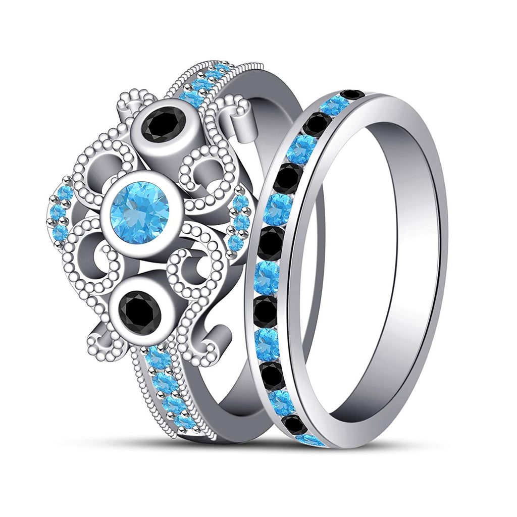 18K White Gold On 925 Sterling Round Aquimarine and Black CZ Princess Engagement Ring Set MOTHER'S DAY SPECIAL OFFER - atjewels.in