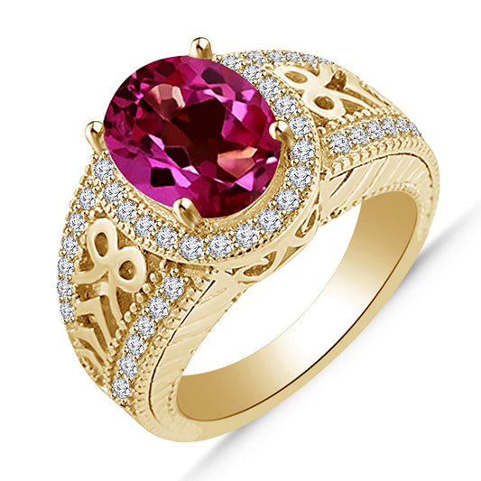 atjewels Oval Pink Sapphire and White CZ in 14K Yellow Gold Over .925 Silver Engagement Ring For Women's MOTHER'S DAY SPECIAL OFFER - atjewels.in