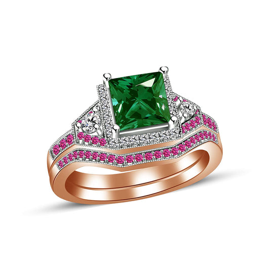 3.07CT Green Emerald Princess Cut .925 Sterling Silver Multi Stone Engagement & Wedding Band Ring Set For Women's - atjewels.in
