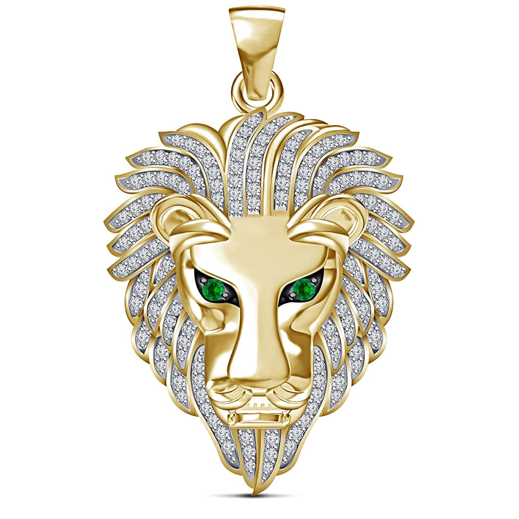 atjewels Round Cut Green Emerald & White CZ 14k Yellow Gold Over .925 Sterling Silver Lion Pendant For Unisex For MOTHER'S DAY SPECIAL OFFER - atjewels.in