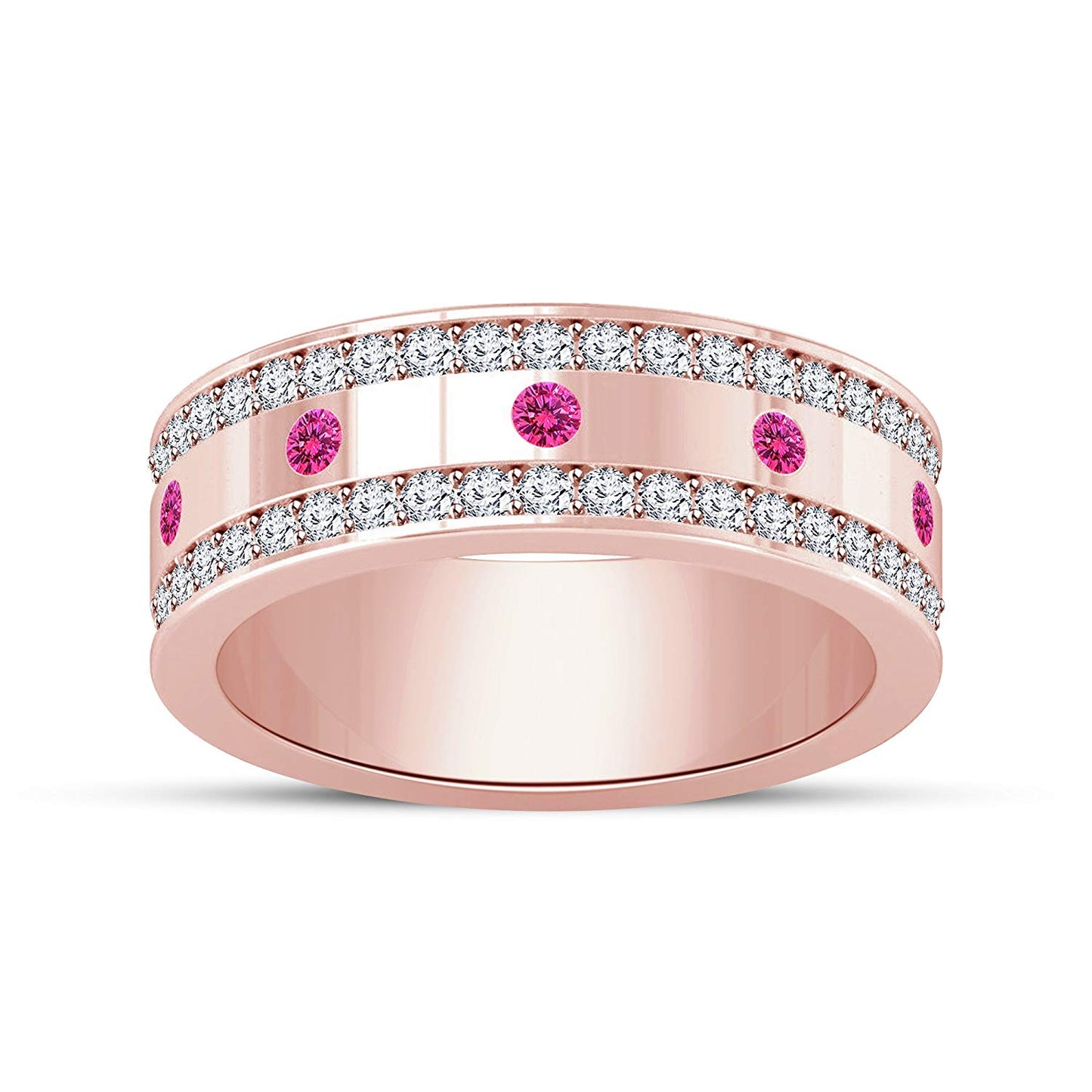 atjewels Round Pink Sapphire & White CZ in 14K Rose Gold Over 925 Silver Wedding Band Ring MOTHER'S DAY SPECIAL OFFER - atjewels.in
