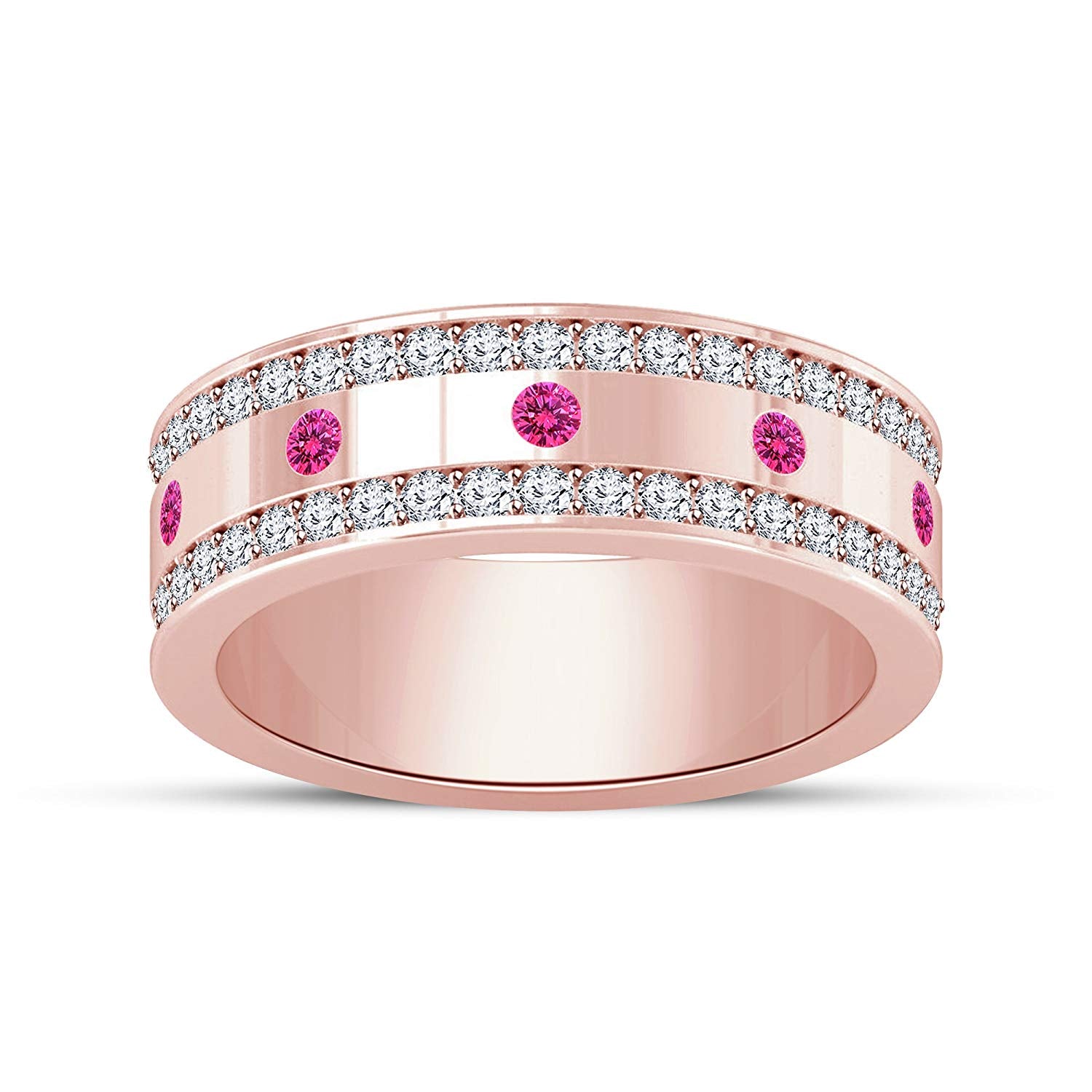 atjewels Round Pink Sapphire & White CZ in 14K Rose Gold Over 925 Silver Wedding Band Ring MOTHER'S DAY SPECIAL OFFER - atjewels.in