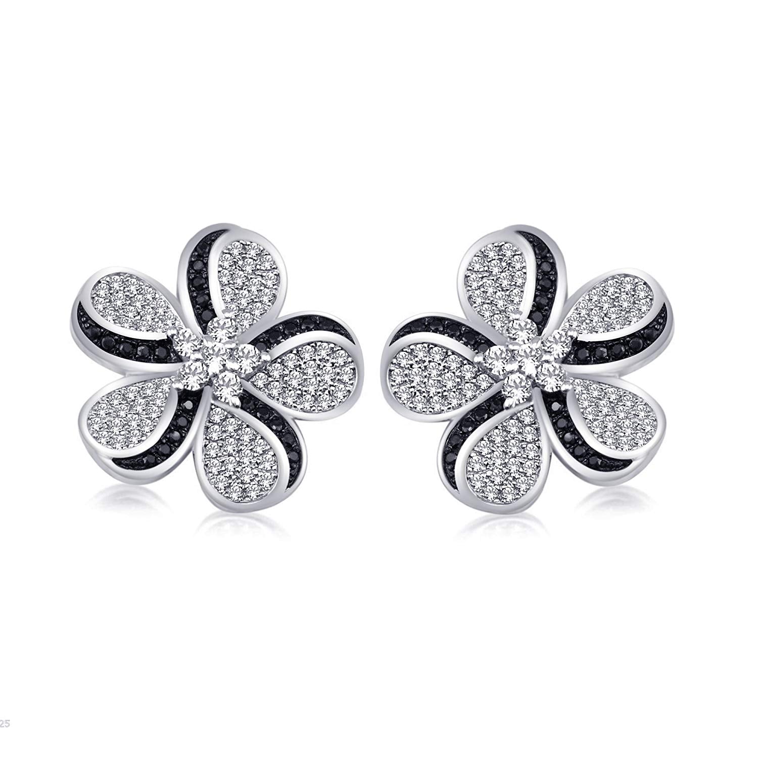 atjewels 18K White Gold Over Sterling Silver Round Cut White & Black CZ Stylish Flower Stud Earrings MOTHER'S DAY SPECIAL OFFER - atjewels.in